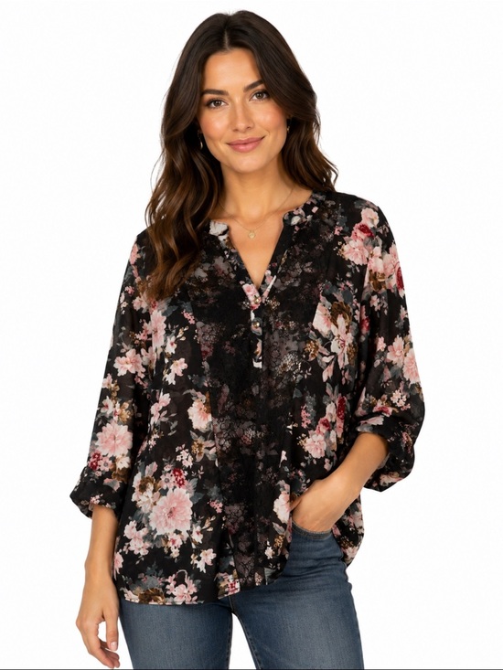 Siren Lily Tops - Siren Lily Black Floral Lace Trim Blouse